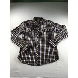 HM LOGG M Shirt Button Down Preppy Fitted Plaid Brown Navy Office Casual Weekend